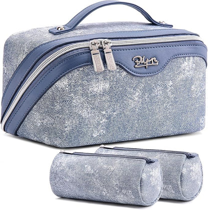 BOYATU Travel Makeup Bag Cosmetic Bags for Women: 3 Sets Large Capacity Make up Bag - Portable Toiletry Bags with Handle for Women(F-1-Blue)