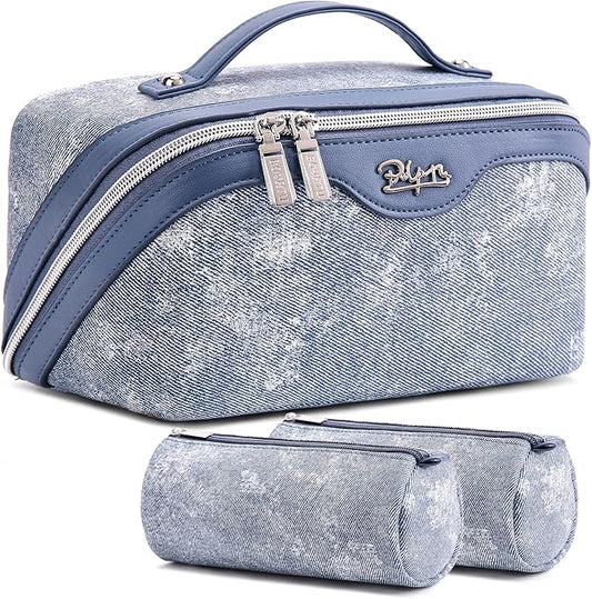 BOYATU Travel Makeup Bag Cosmetic Bags for Women: 3 Sets Large Capacity Make up Bag - Portable Toiletry Bags with Handle for Women(F-1-Blue)