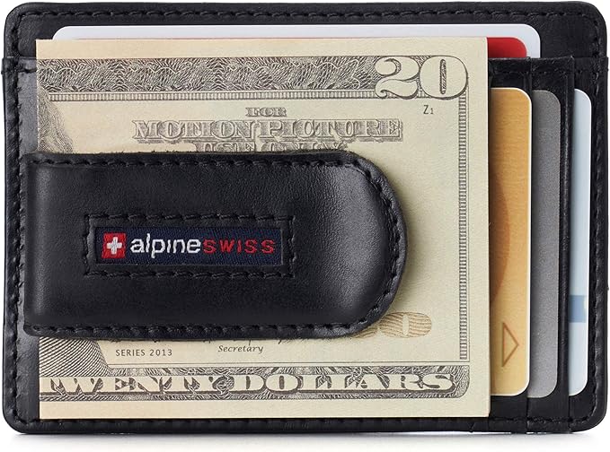 Alpine Swiss RFID Dermot Money Clip Front Pocket Wallet For Men Leather Hampton Collection Glossy Nappa Black