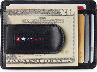 Alpine Swiss RFID Dermot Money Clip Front Pocket Wallet For Men Leather Hampton Collection Glossy Nappa Black