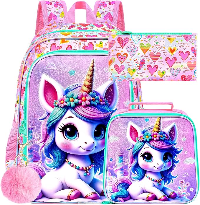 WZLVO 3PCS Kids Backpack for Girls, Unicorn Dinosaur Animal Prechool Elementary Kindergarten School Bookbag with Lunch Box