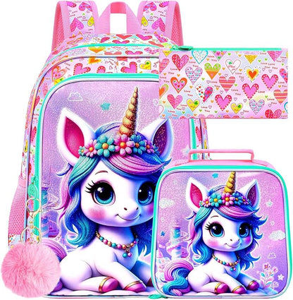 WZLVO 3PCS Kids Backpack for Girls, Unicorn Dinosaur Animal Prechool Elementary Kindergarten School Bookbag with Lunch Box