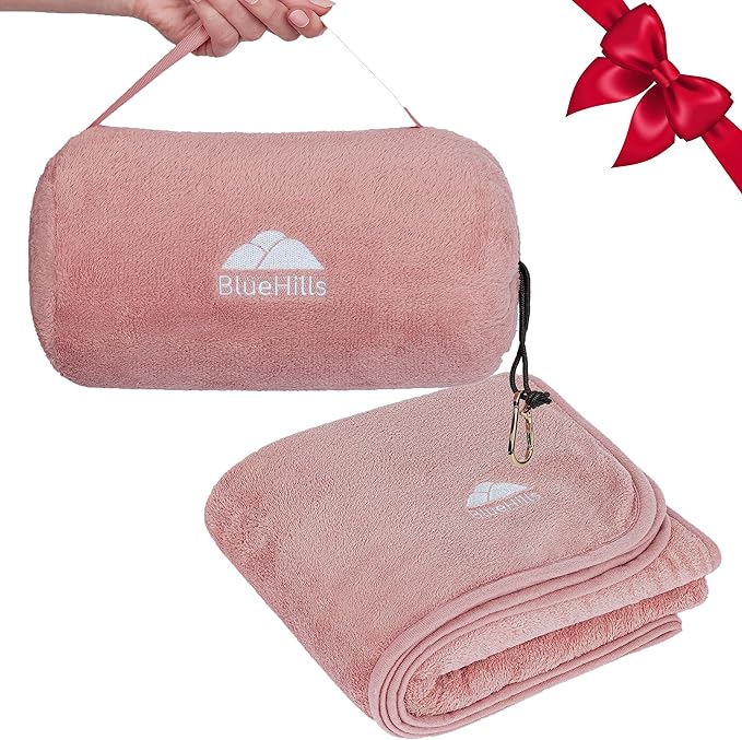 BlueHills Travel Blanket Pillow Rolled Premium Soft Plush Airplane Throw Traveling Gifts Compact in a Bag 70 X 48 inches Long Plane Flight Portable Lightweight Pink R02