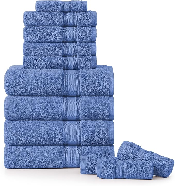 LANE LINEN Premium Bath Towel Set of 12 – 100% Cotton, 4 Bath, 4 Hand Towels & 4 Washcloths, Zero Twist, Ultra Soft, Quick-Dry, Ideal for Spa, Hotel & Everyday Use – Cerulean Blue