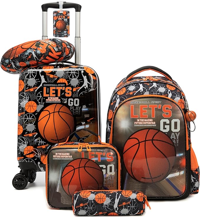 Kid’s Luggage Set 5 Piece Suitcase Set 16’’ Hardside Basketball Luggage with Spinner Wheels Boys Carry on Toddler Travel Rolling Suitcase Carry on Luggage Airline Approved