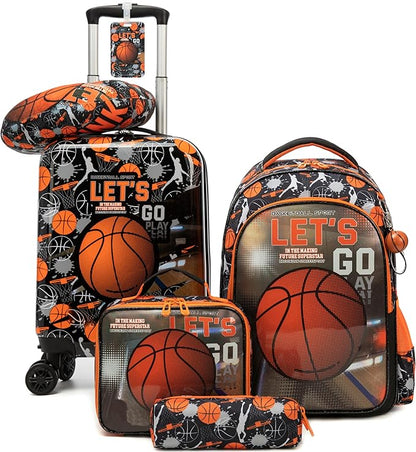 Kid’s Luggage Set 5 Piece Suitcase Set 16’’ Hardside Basketball Luggage with Spinner Wheels Boys Carry on Toddler Travel Rolling Suitcase Carry on Luggage Airline Approved