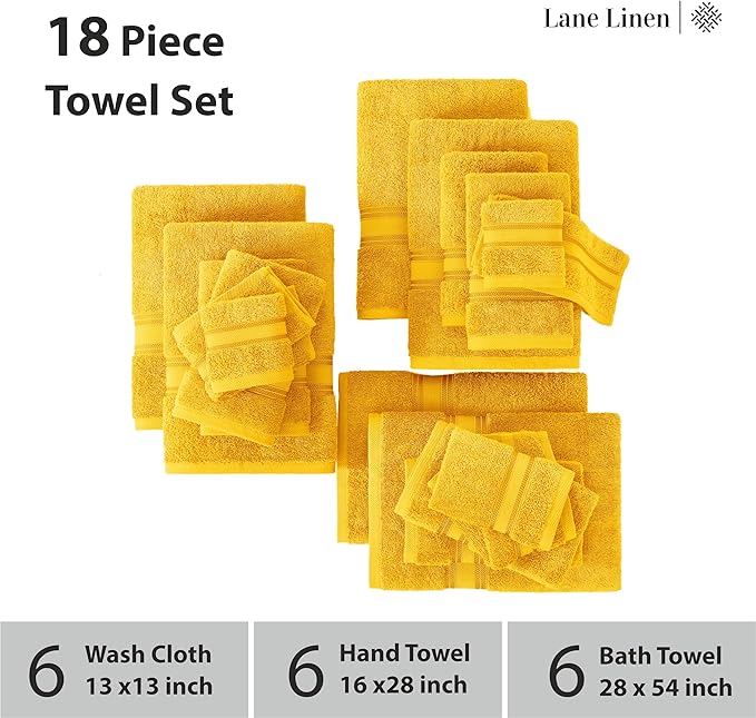 LANE LINEN 18 Pc Luxury Bath Towels Set – Ultra Soft 100% Mercerized Cotton, 6 Bath, 6 Hand Towel & 6 Wash Cloth, Zero Twist, Quick-Dry, Long-Lasting Comfort & Hotel Quality, Machine Washable – Mimosa