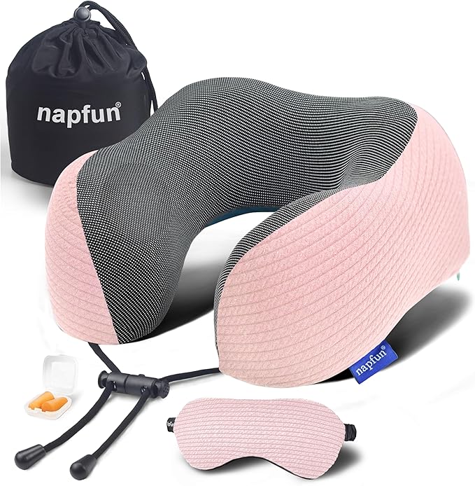 napfun Neck Pillow for Traveling, Upgraded Travel Neck Pillow for Airplane 100% Pure Memory Foam Travel Pillow for Flight Headrest Sleep, Portable Plane Accessories, Pink