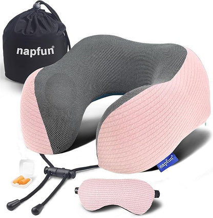 napfun Neck Pillow for Traveling, Upgraded Travel Neck Pillow for Airplane 100% Pure Memory Foam Travel Pillow for Flight Headrest Sleep, Portable Plane Accessories, Pink