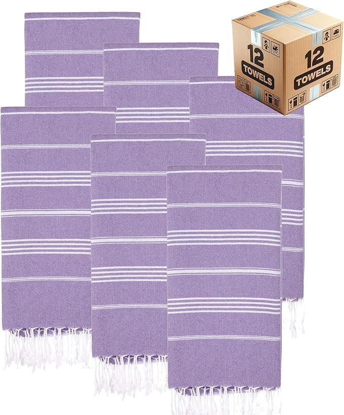 Turkish Beach Towels, Bulk Case of 12 | Oversized, Quick Dry, Sand Free | 100% Cotton, Large 38x71 Towels for Beach, Pool, Travel | Ultra-Soft, Compact, Absorbent | Purple