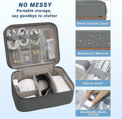Electronics Organizer,Travel Cord Organizer Pouch, Portable Cable Organizer Bags, Waterproof Electronic Accessories Storage Case for Cables, Cords, Charger, Phone (Double Layer-Gray)