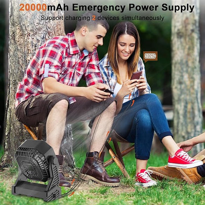 KITWLEMEN 20000mAh Battery Powered Camping Fan - 58H Max Cooling, Rechargeable Battery Operated Desk Fan with 4 Speeds, Bright Light & Hanging Hook, Portable for Tent Outdoor Hurricane Power Outage