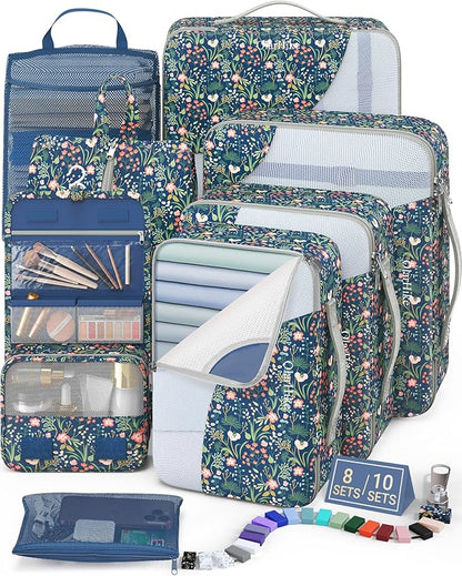 8 Set Packing Cubes for Travel,Gifts for Women Mom,Anti-Tearing Suitcase Organizer for Luggage with Shoe & Hanging Toiletry Bag,Vacation Essentials & Accessories for Cruise Ship,Dark Blue Floral