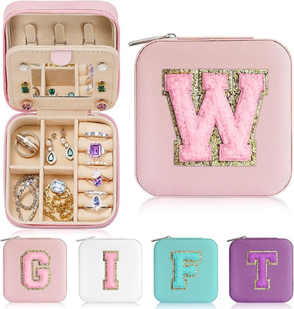 Parima Travel Essentials for Women Jewelry Box, Travel Accessories for Teen Girls Trendy Stuff | Necklace Organizer Earrings Organizer Ring Organizer - Letter W, Pink