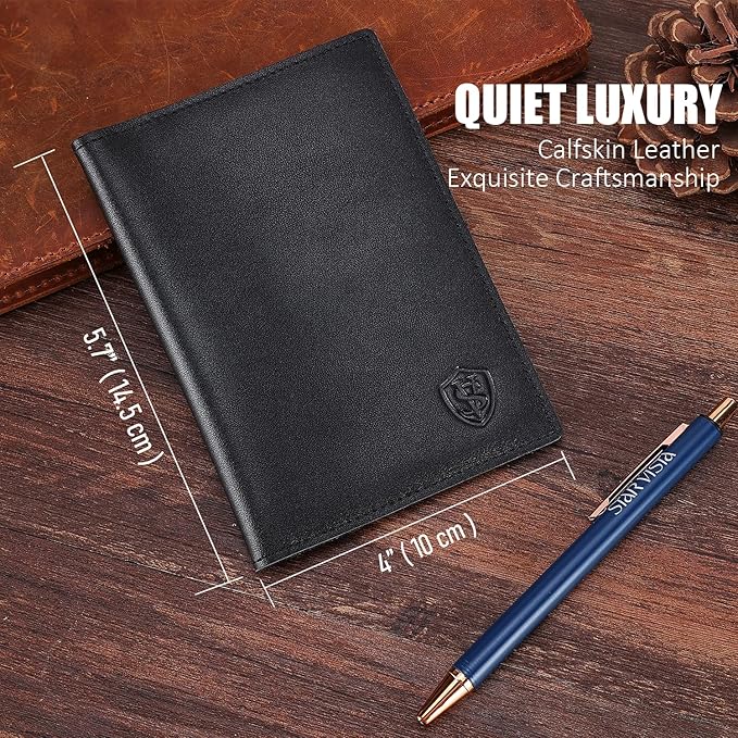 STAR VISTA Albatross Leather Travel Passport Holder, Minimalist Design, Calfskin Leather Case for Women and Men - Slim Passport Wallet, Bifold, RFID Blocking, Black