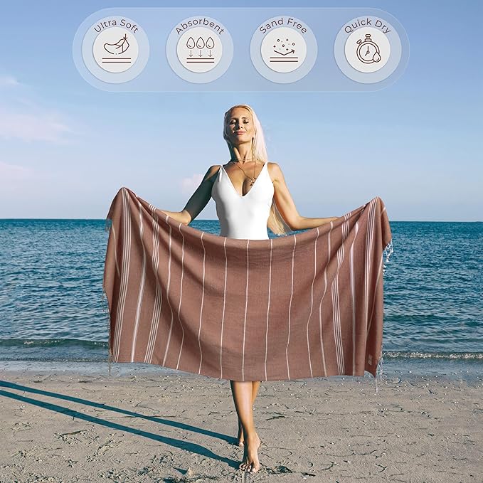 Turkish Beach Towel Compact & Quick Dry Oversized (39" x 71") - Compact, Versatile and Functional as Beach and Picnic Blanket, Travel, Yoga and Bath Towel - Brick