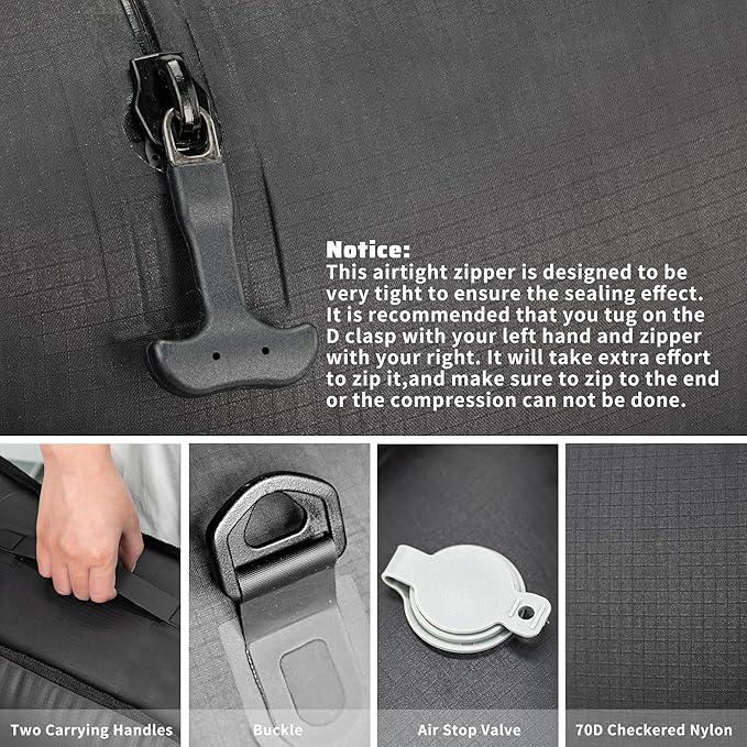 ONTYZZ Travel Vacuum Compression Bags 12 inch Space Saver Bags Vacuum Travel Case with IP67 Waterproof Zipper for Socks, Underwear, Two Bag Black