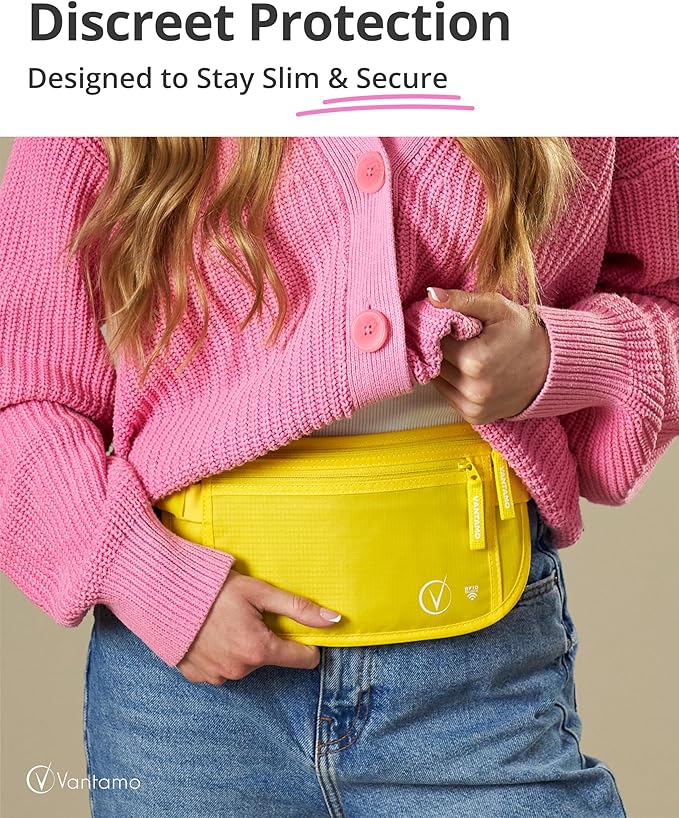 Vantamo Money Belt with RFID For Men & Women, Hidden Passport Holder for Travel, 2 Compartment Travel Fanny Pack for Women Anti Theft