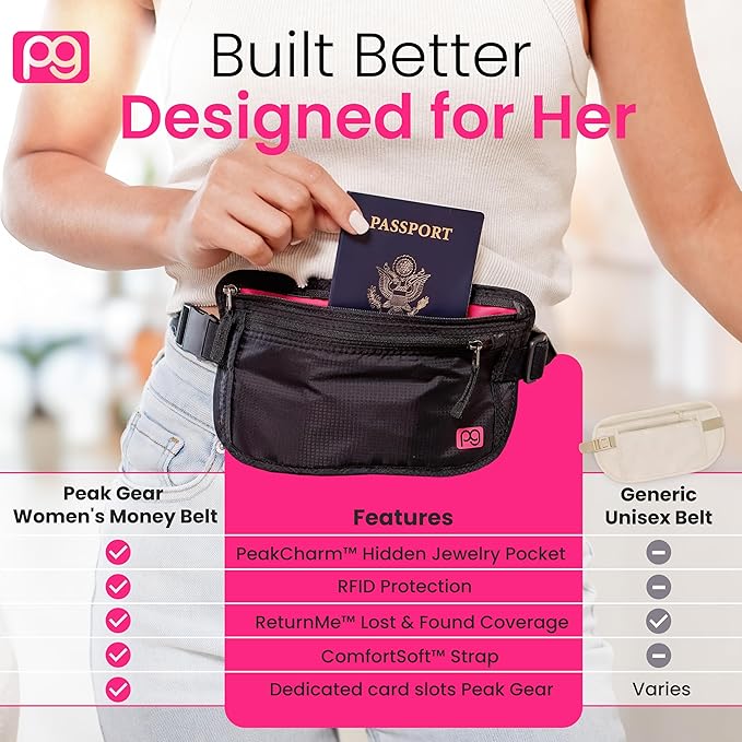 Peak Gear Women’s Money Belt - Hidden Travel Waist Pouch for Women | RFID Blocking, Slim Under-Clothes Passport Holder with PeakCharm Jewelry Pocket + 2 ReturnMe™ Recovery Tags