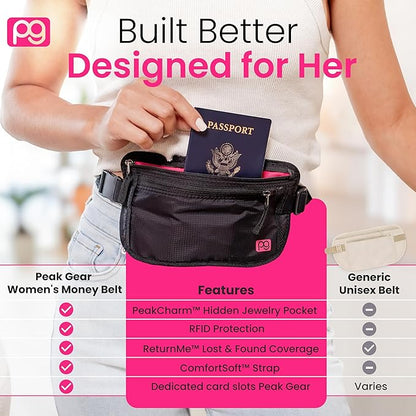 Peak Gear Women’s Money Belt - Hidden Travel Waist Pouch for Women | RFID Blocking, Slim Under-Clothes Passport Holder with PeakCharm Jewelry Pocket + 2 ReturnMe™ Recovery Tags