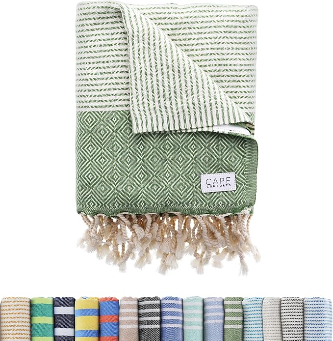 Oversized Turkish Beach Towel, Diamond Dobby Sage - 37'' x 67'' - Super Soft & Lightweight | Quick Dry Sand Free Travel Towels for Beach or Bath | Gifts