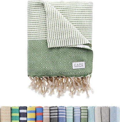 Oversized Turkish Beach Towel, Diamond Dobby Sage - 37'' x 67'' - Super Soft & Lightweight | Quick Dry Sand Free Travel Towels for Beach or Bath | Gifts
