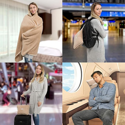 BlueHills Premium Soft Travel Blanket Pillow Airplane Blanket Packed in Soft Bag Pillowcase with Hand Luggage Belt Backpack Clip Compact Pack Large Portable Flight Throw Beige T005
