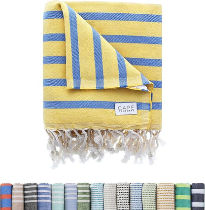 Oversized Turkish Beach Towel, Striped Pale Yellow & Powder Blue - 37'' x 67'' - Super Soft & Lightweight - Quick Dry Sand Free Travel Towels for Beach or Bath - Gifts