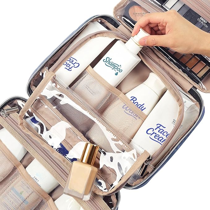 NISHEL Travel Toiletry Bag for women, Portable Hanging Organizer for Travel-Sized Shampoo, Conditioner, Brushes Set, Makeup Accessories, Medium Size, Aegean-Blue