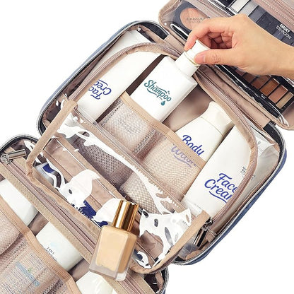 NISHEL Travel Toiletry Bag for women, Portable Hanging Organizer for Travel-Sized Shampoo, Conditioner, Brushes Set, Makeup Accessories, Medium Size, Aegean-Blue