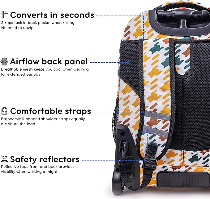J World Sundance Laptop Rolling Backpack for Girls Boys. Roller Bookbag with Wheels, Vivid Tweed