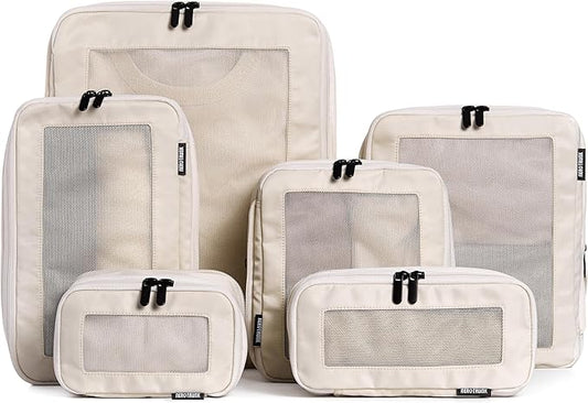 Aerotrunk Compression Packing Cubes for Travel - Luggage Organizer Bags - Double Zipper Packing Cubes for Suitcases (6-Pack, Beige)