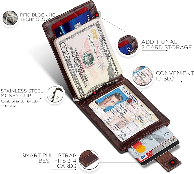 SERMAN BRANDS RFID Blocking Slim Bifold Genuine Leather Minimalist Front Pocket Wallets for Men with Money Clip Thin Mens