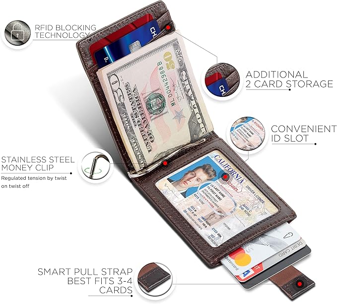 SERMAN BRANDS RFID Blocking Slim Bifold Genuine Leather Minimalist Front Pocket Wallets for Men with Money Clip Thin Mens