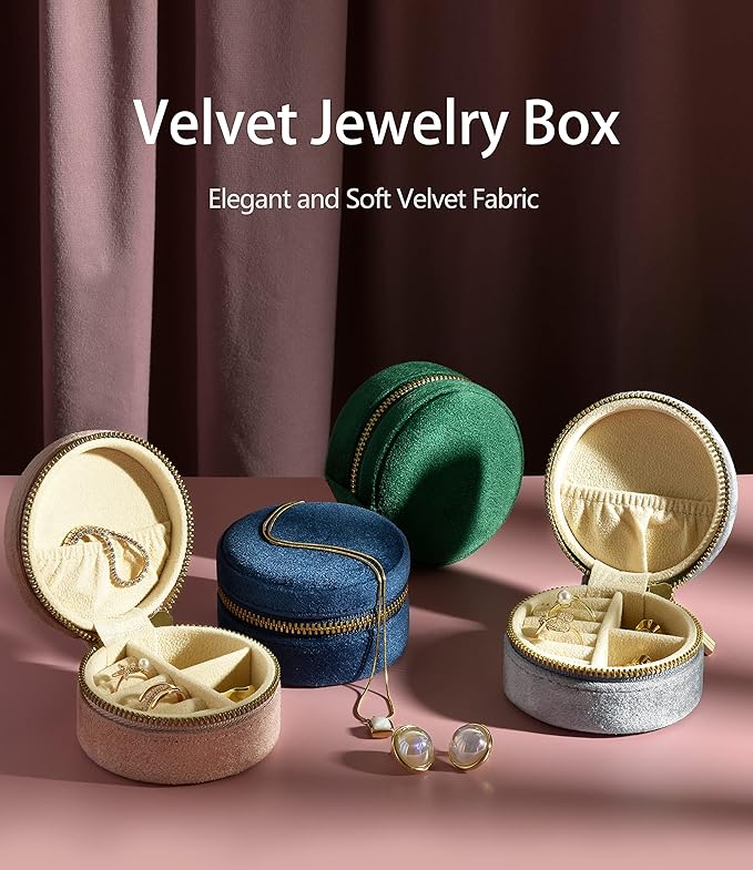 TAIMY Travel Jewelry Box, Mini Round Velvet Travel Jewelry Case for Women Girls, Portable Small Jewelry Travel Organizer Boxes for Rings Earrings Necklaces Bracelets(Blush Peach)