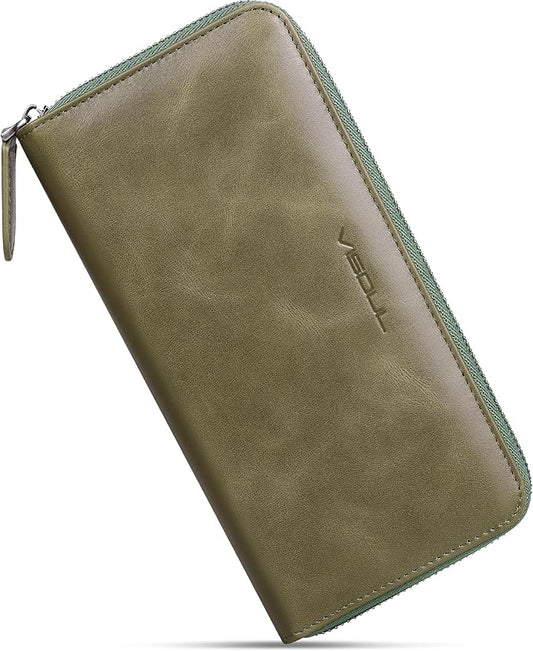 VISOUL Leather Long Zipper Pouch Wallet for Men and Women with RFID Blocking, Large Clutch Cash Long Wallet with Zipper (Olive Green)