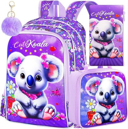WZLVO 3PCS Backpack for Girls, 16" Kids Koala Preschool Bookbag with Lunch Box，Cute Animal Water Resistant School Backpacks Set for Elementary Kindergarten