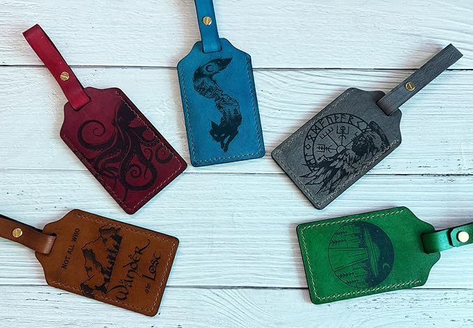 Mayan Corner - Handcrafted Leather Luggage Tag, Fox Design, Blue, ID Window, Brass Hardware, 4.3 x 2.7 inches