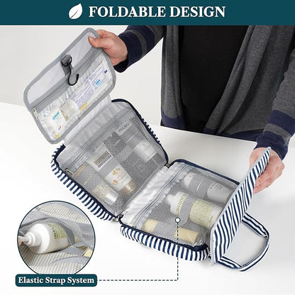 PAVILIA Hanging Toiletry Bag Travel Bag Women Men, Foldable Cosmetic Organizer, Roll up Makeup Bag, Water Resistant Accessories Toiletries, Large Travel Essentials Kit (Navy Stripe)