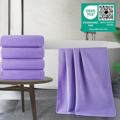 POLYTE Microfiber Oversize Quick Dry Lint Free Bath Towel, 60 x 30 in, 4 Pack (Waffle Weave)
