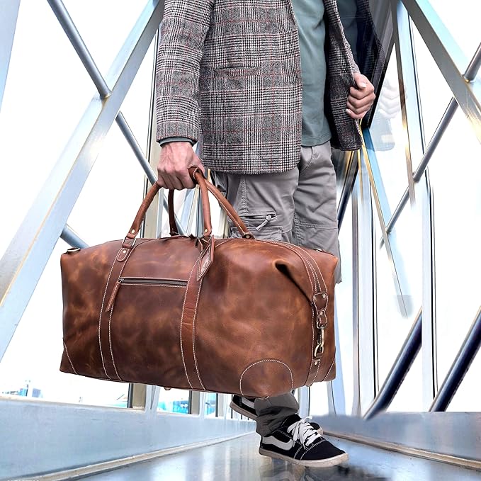 24 Inch Genuine Buffalo Leather Travel Duffle Bag, Overnight Weekend Leather Bag Sports Gym Duffel for Men, Airplane Under Seat Carry on Bags (Tan)