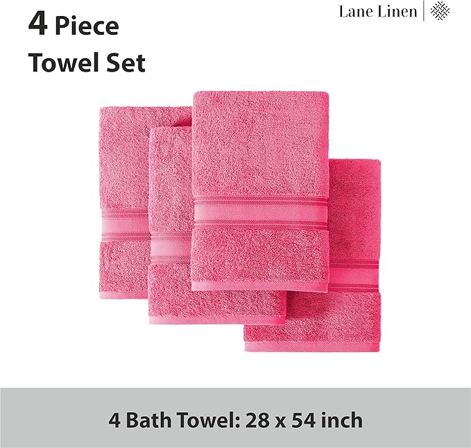 LANE LINEN 100% Cotton Large Bath Towels Set of 4 (28"x54") - Zero Twist, Mercerized Cotton Bathroom Towel 4 Pack - Quick Dry, Soft & Absorbent Large Towels Set - Dorm Essentials for Girls - Fuchsia