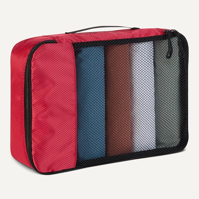 Amazon Essentials 4-Piece Packing Cubes Travel Accessories Set, Luggage Organizer with Double Zipper, Mesh Top, 100% Polyester, Small/Medium/Large/Slim, Red (Previously Amazon Basics)