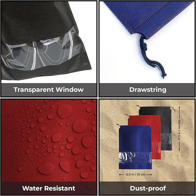 12 PCs Shoe Bags for Travel, Packing, Storage, Organizing & Suitcase. Reusable Dustproof & Water Resistant Sneakers Pouch Protectors with Clear Window & Drawstring. Laundry & Toys (Red + Blue + Black)