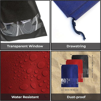 12 PCs Shoe Bags for Travel, Packing, Storage, Organizing & Suitcase. Reusable Dustproof & Water Resistant Sneakers Pouch Protectors with Clear Window & Drawstring. Laundry & Toys (Red + Blue + Black)