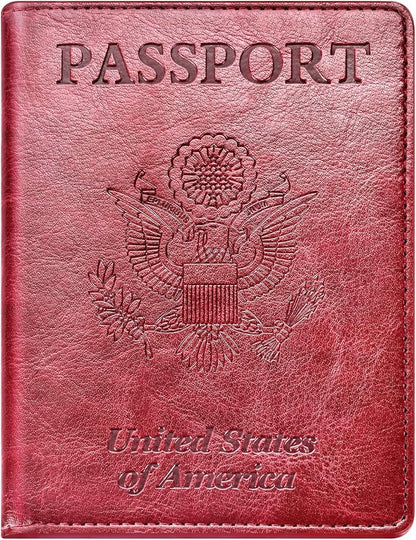 Real Leather Wallet RFID Family Passport Holder Waterproof Travel Black (Red)