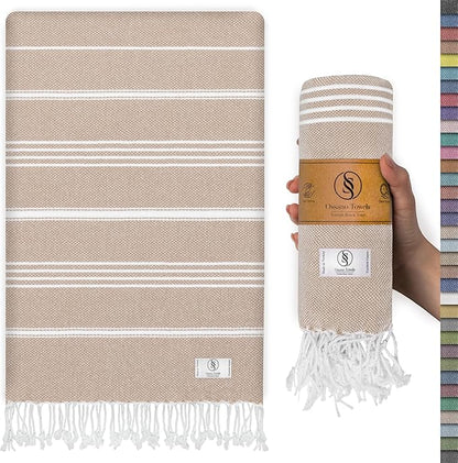 Turkish Beach Towel Absorbent & Quick Dry Oversized (39" x 71") - Decorative, Versatile and Functional as Yoga Mat, Picnic Blanket, Travel Blanket, Bath, Shower, Gym Towel - Beige