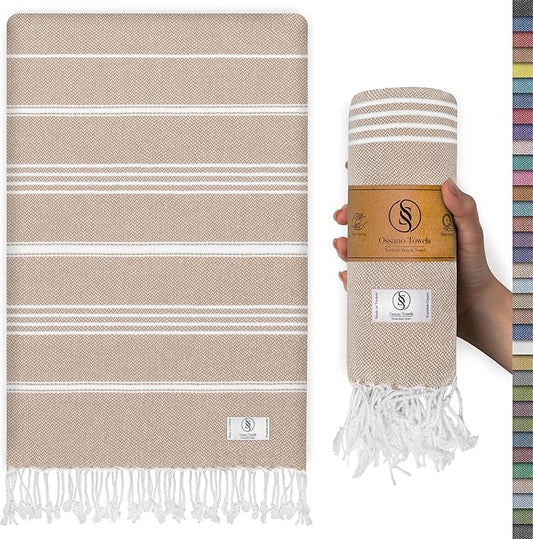 Turkish Beach Towel Absorbent & Quick Dry Oversized (39" x 71") - Decorative, Versatile and Functional as Yoga Mat, Picnic Blanket, Travel Blanket, Bath, Shower, Gym Towel - Beige