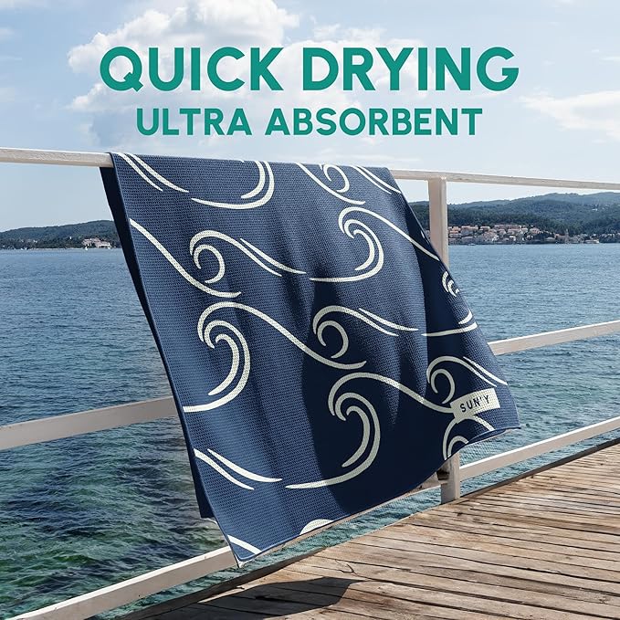 SUN'Y Waffle Microfiber Beach Towel – Sand Free, Quick Dry, Ultra Absorbent, Lightweight & Compact Travel Towel with Carry Bag - Large (63” x 31.5”), Curl