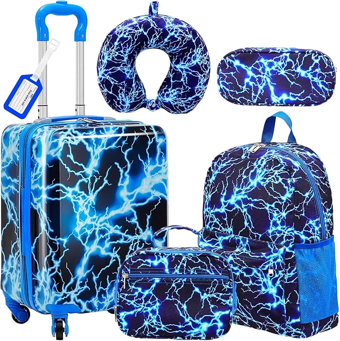 Redbaker 6 Pcs Kids Luggage Set 17 Inch Kids Rolling Luggage Double Pattern Suitcase for Girls Boys School Gift (Blue,17 Inch,Lightning Style)